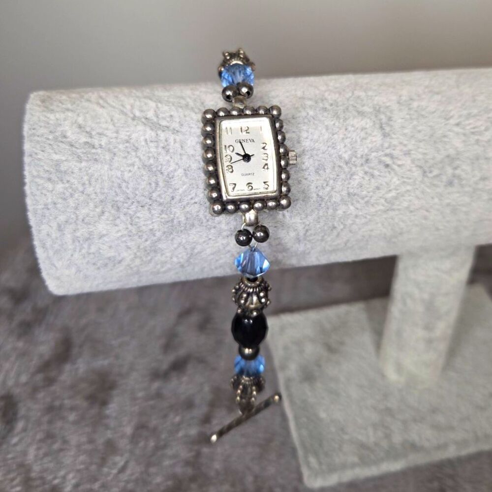 Geneva Women's Quartz Dress Watch Silver Rectangle Dial Beaded Bracelet